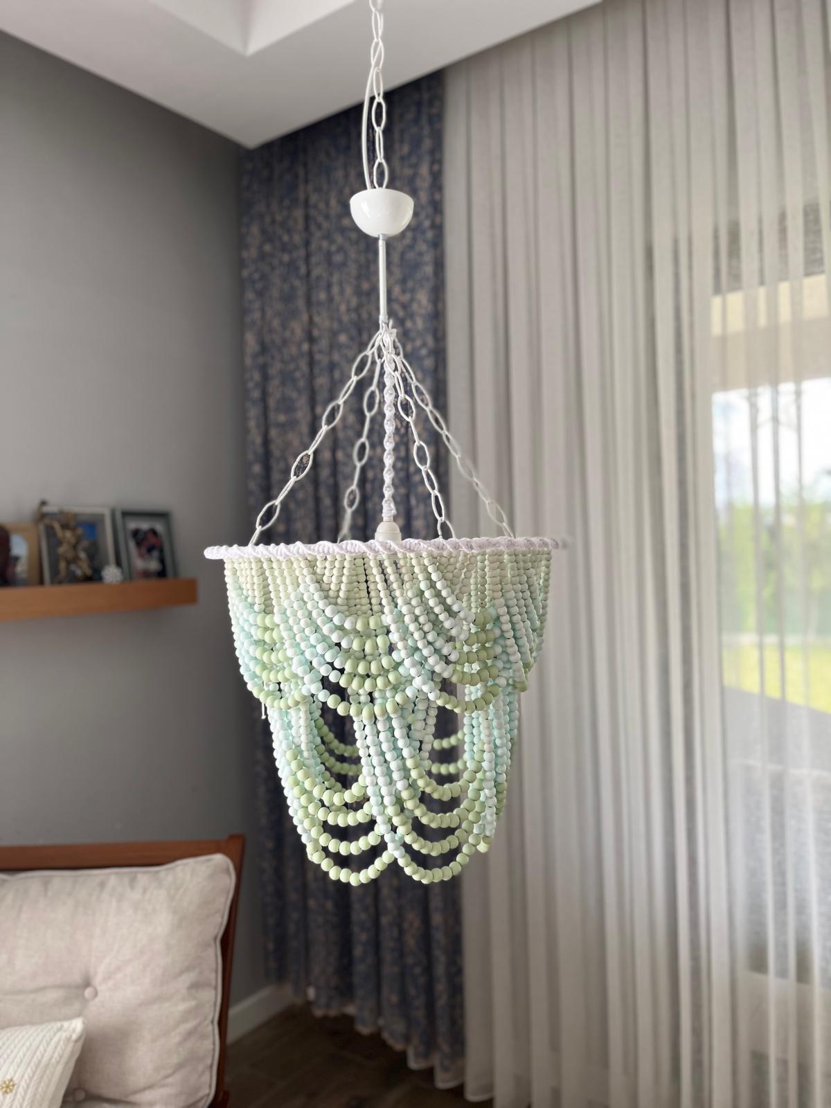 Coral Chandelier, Blue Beaded Light, Beach House Light, Rustic Living Room Light, Nursery Pendant Light,Wood Bead Light, Mother's Day Gift