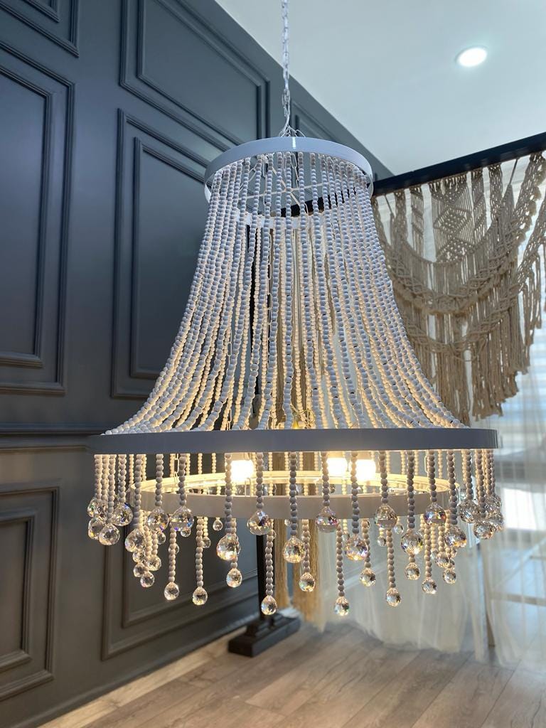 Boho Nursery Chandelier – White Wooden Beads and Crystal Drops for Girls Bedroom or Baby Room - Modern Living Room Lighting