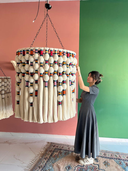 Large Boho Chandelier, Handwoven Cotton Tassel Light, Custom Gobelin Pendant for Hotel Lobby or Statenebt Light, Boho Fringe Pendant Light,