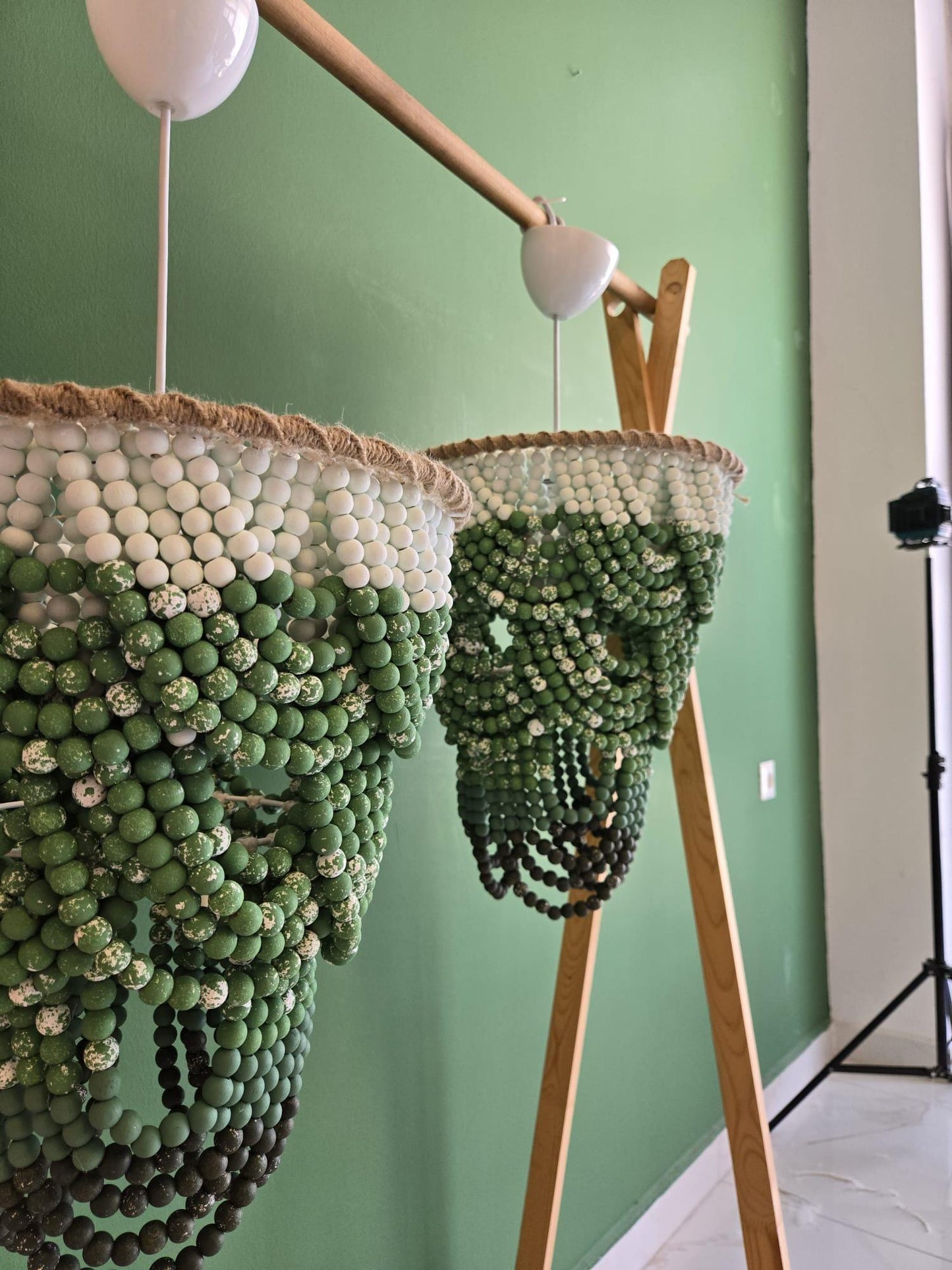 Green Ombre Beaded Chandelier, Hand-Painted Wooden Pendant Light, Modern Boho Lighting, Wooden Beaded Chandelier, Macrame Light Fixture,