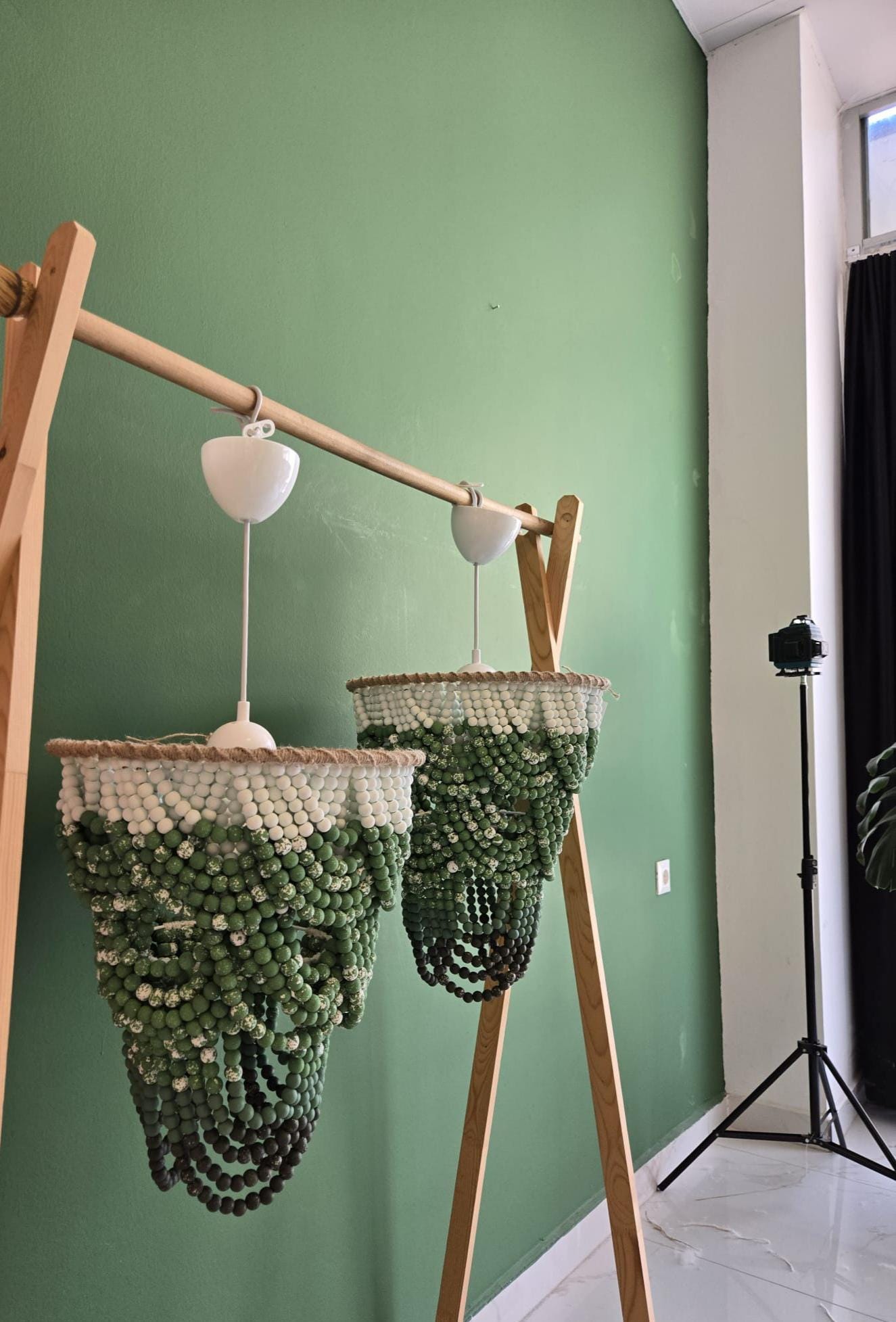 Green Ombre Beaded Chandelier, Hand-Painted Wooden Pendant Light, Modern Boho Lighting, Wooden Beaded Chandelier, Macrame Light Fixture,