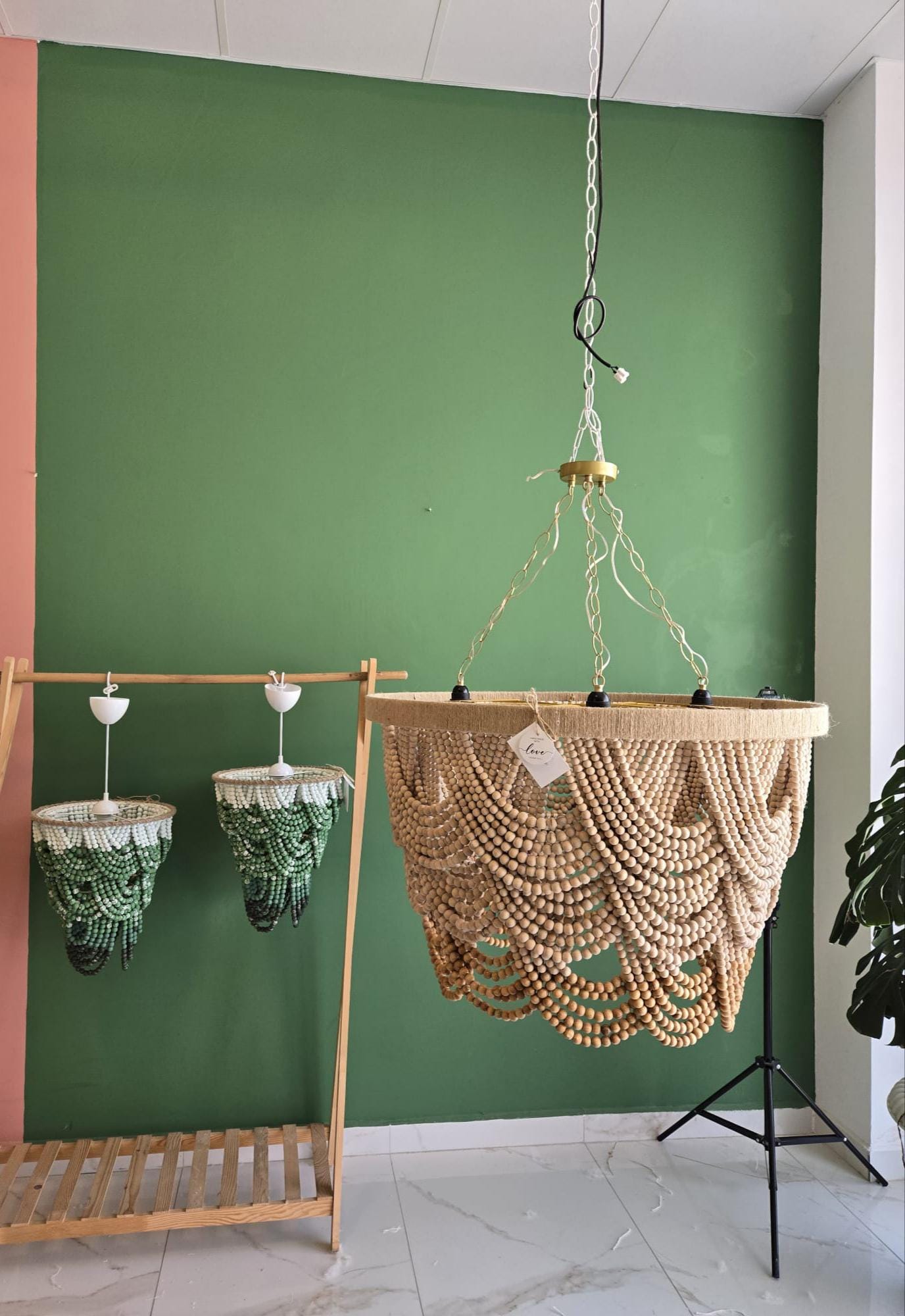 Green Ombre Beaded Chandelier, Hand-Painted Wooden Pendant Light, Modern Boho Lighting, Wooden Beaded Chandelier, Macrame Light Fixture,