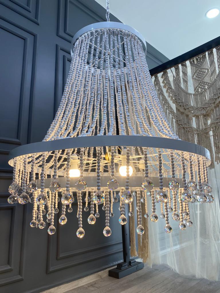 Boho Nursery Chandelier – White Wooden Beads and Crystal Drops for Girls Bedroom or Baby Room - Modern Living Room Lighting