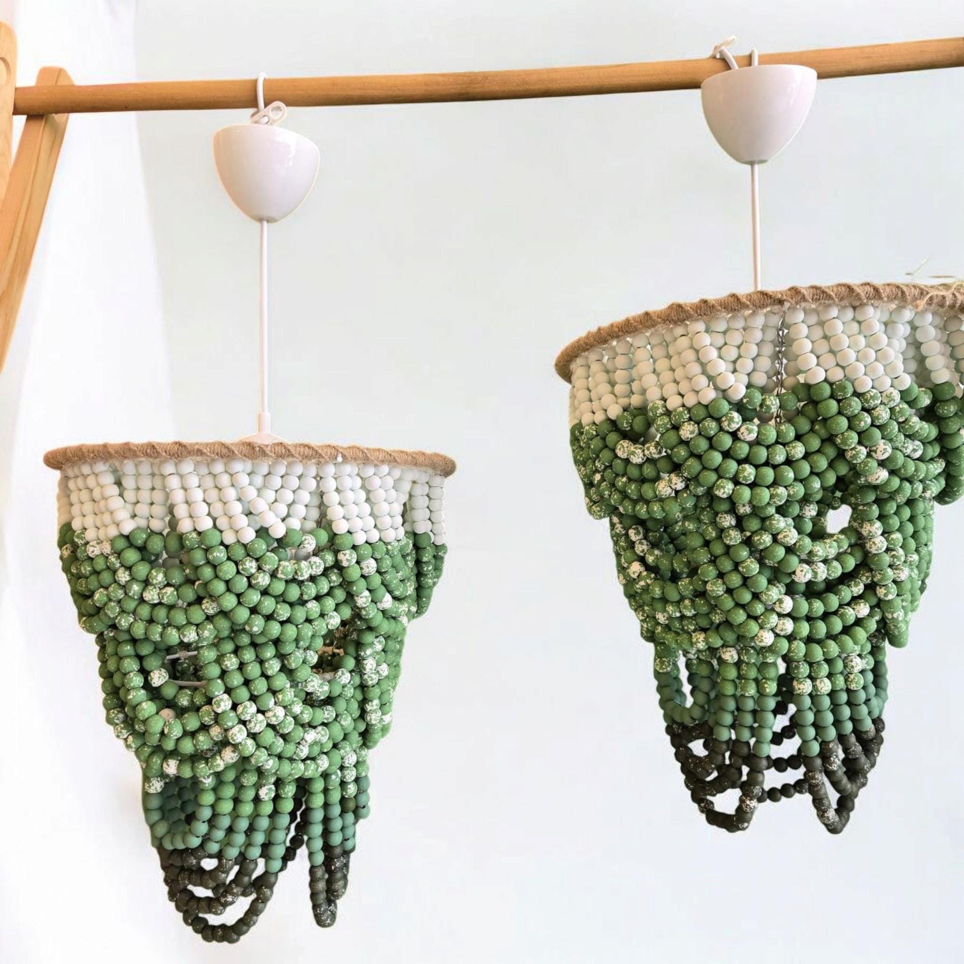 Green Ombre Beaded Chandelier, Hand-Painted Wooden Pendant Light, Modern Boho Lighting, Wooden Beaded Chandelier, Macrame Light Fixture,