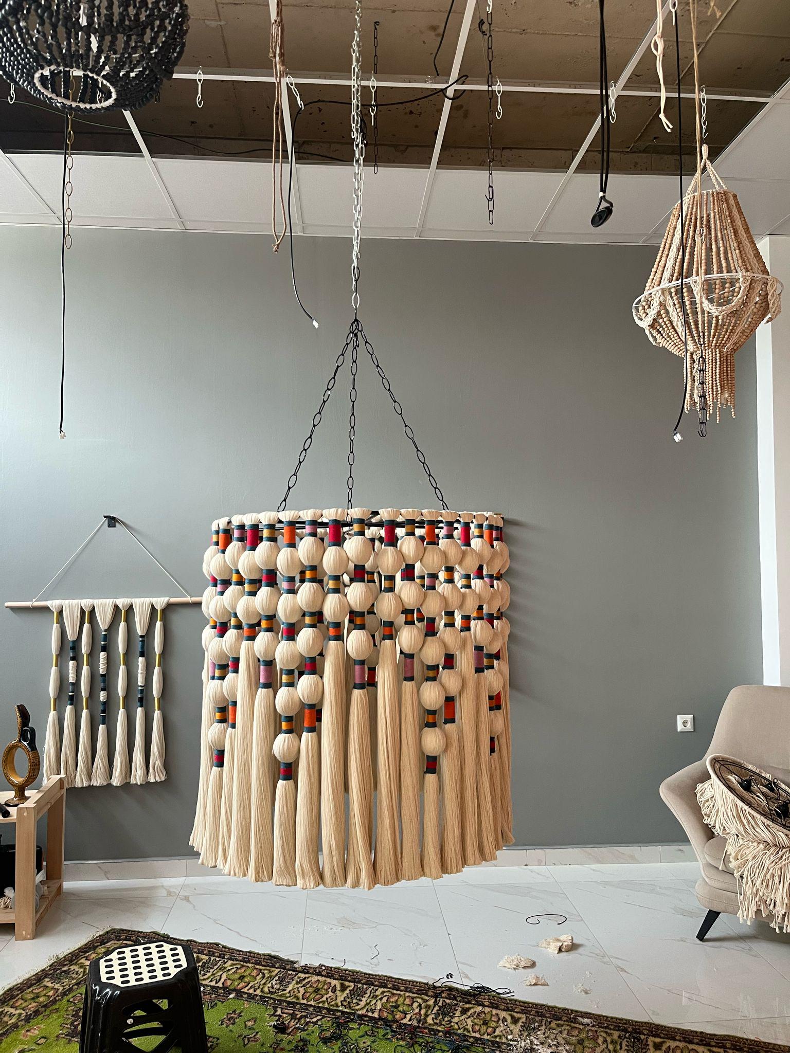 Large Boho Chandelier, Handwoven Cotton Tassel Light, Custom Gobelin Pendant for Hotel Lobby or Statenebt Light, Boho Fringe Pendant Light,