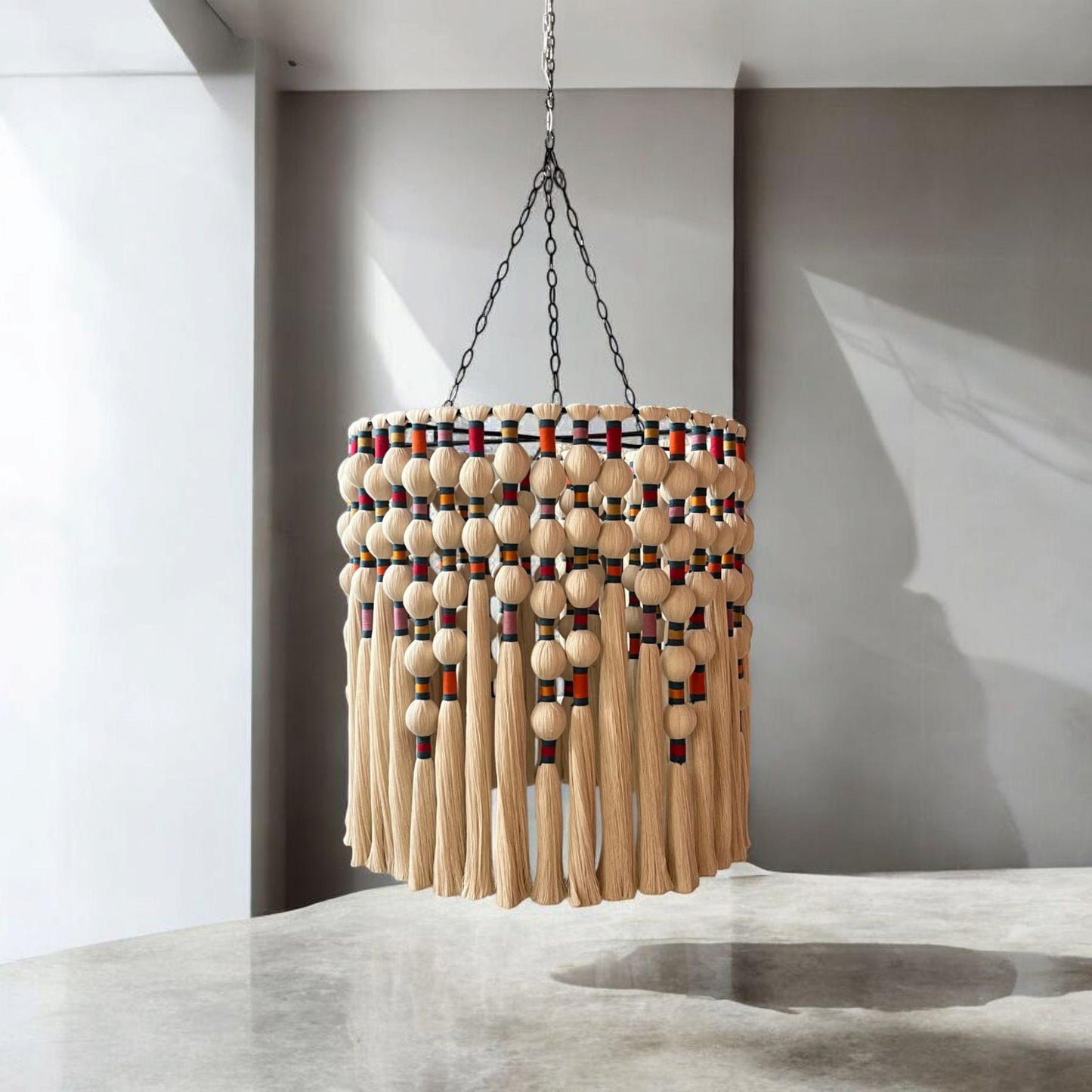 Large Boho Chandelier, Handwoven Cotton Tassel Light, Custom Gobelin Pendant for Hotel Lobby or Statenebt Light, Boho Fringe Pendant Light,