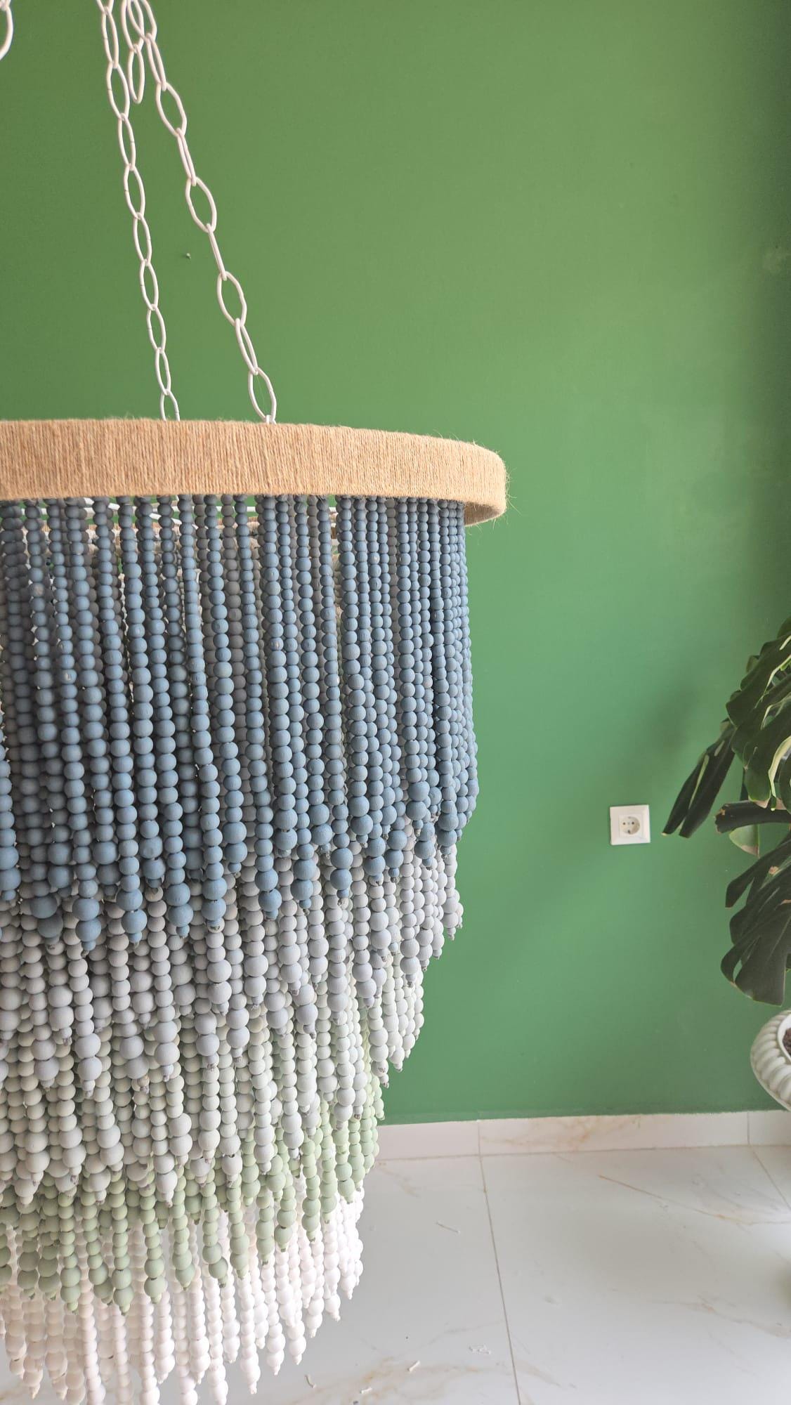 Blue Grey Ombre Beaded Chandelier – Handmade Boho Pendant Light for Nursery, Bedroom or Coastal Decor