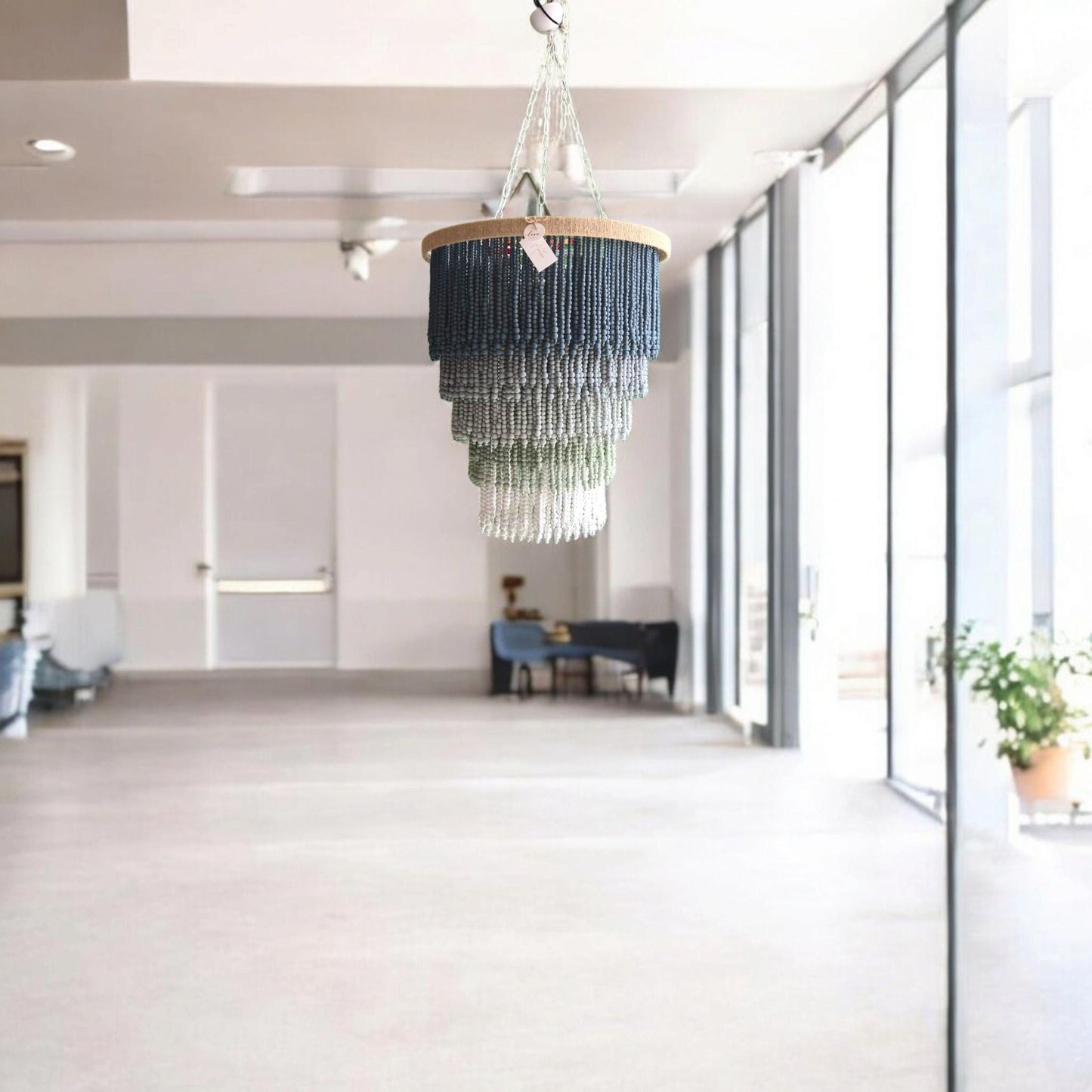 Blue Grey Ombre Beaded Chandelier – Handmade Boho Pendant Light for Nursery, Bedroom or Coastal Decor