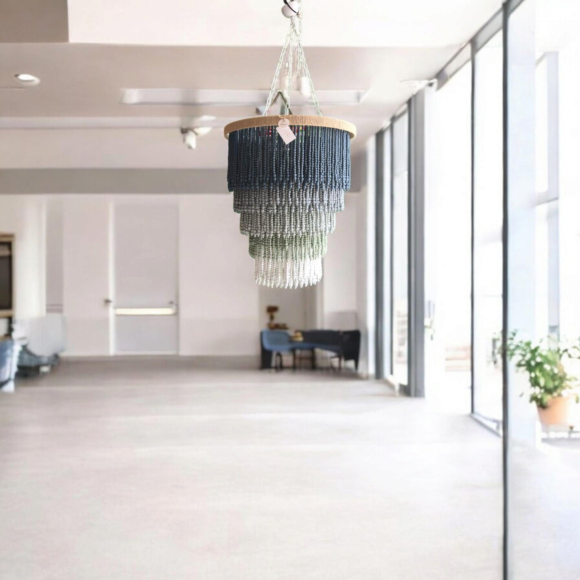 Blue Grey Ombre Beaded Chandelier – Handmade Boho Pendant Light for Nursery, Bedroom or Coastal Decor