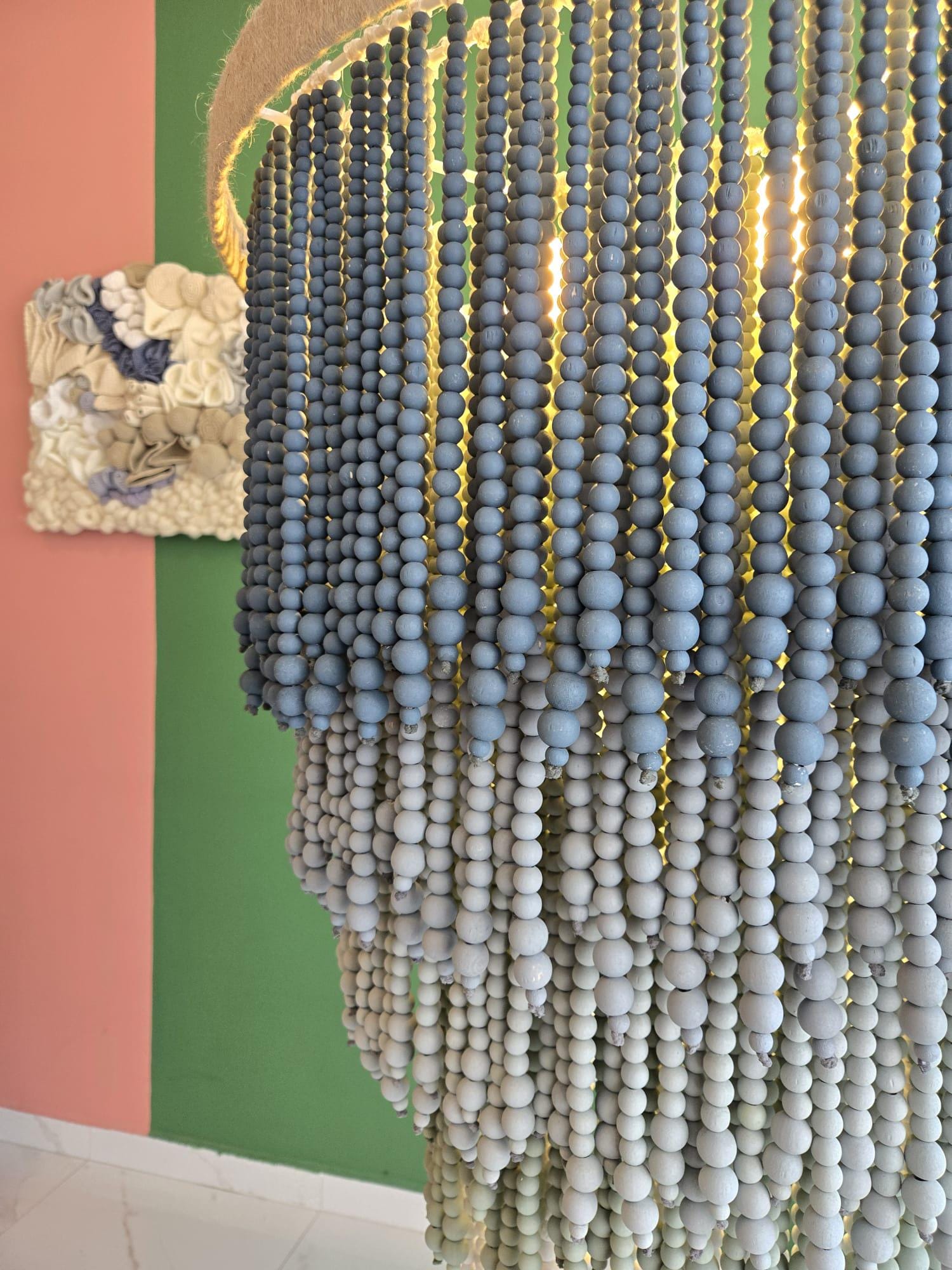 Blue Grey Ombre Beaded Chandelier – Handmade Boho Pendant Light for Nursery, Bedroom or Coastal Decor