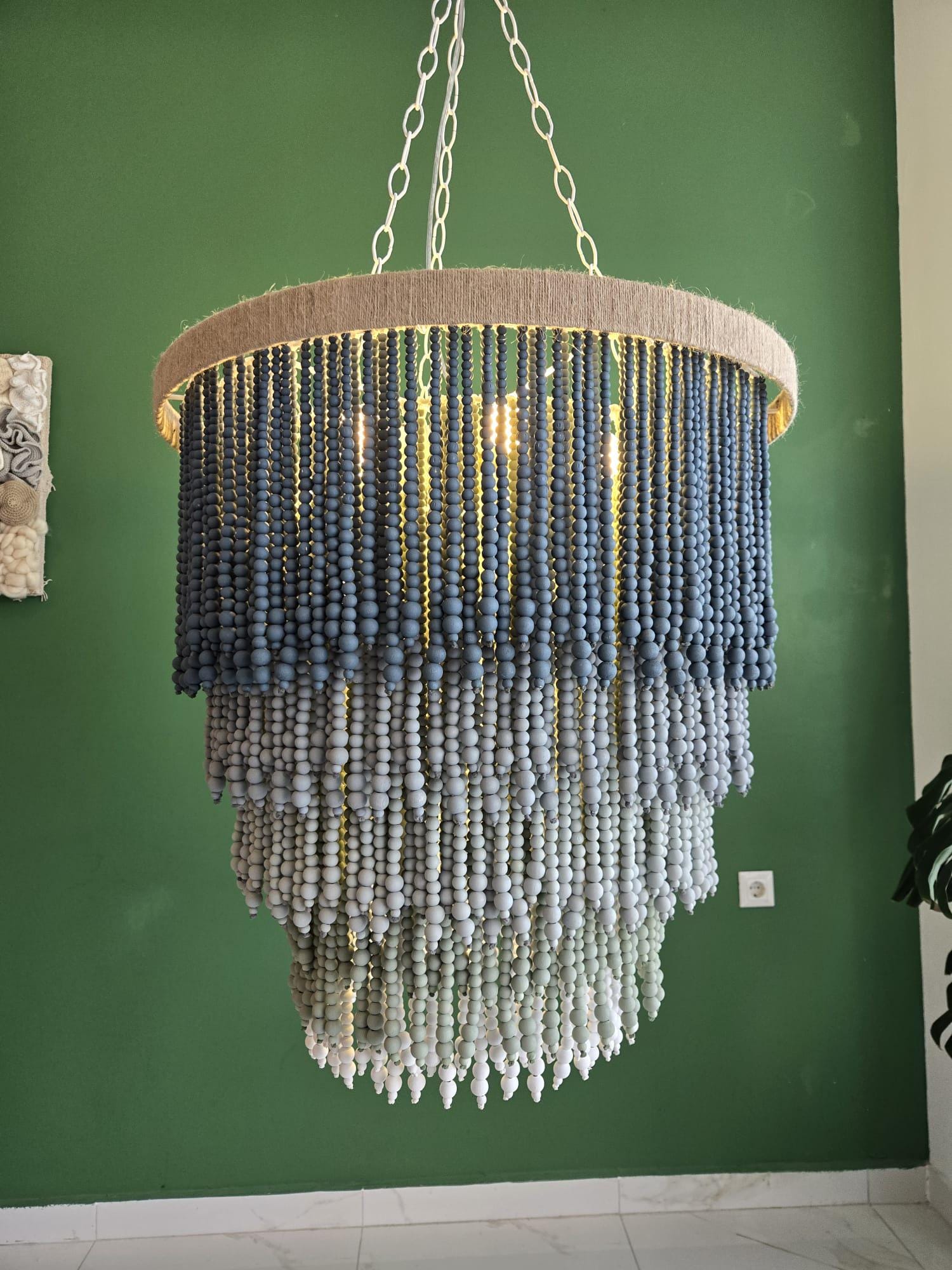 Blue Grey Ombre Beaded Chandelier – Handmade Boho Pendant Light for Nursery, Bedroom or Coastal Decor