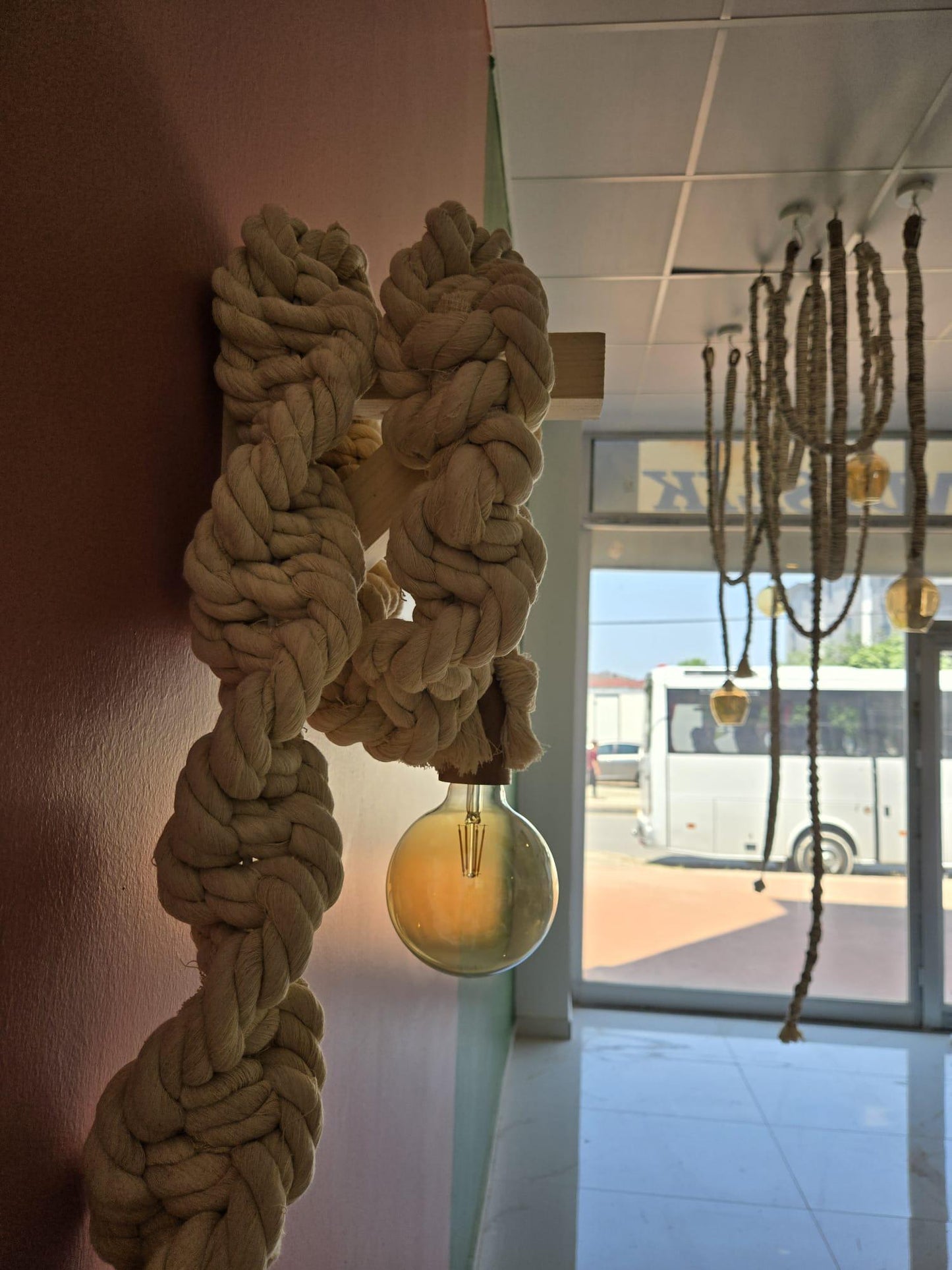 Macrame Cord Lamp, Bedroom Lighting, Pendant Rope Light, Hanging Rope Light, Boho Hanging Light, Restaurant decor lamp, Wedding Decor Light