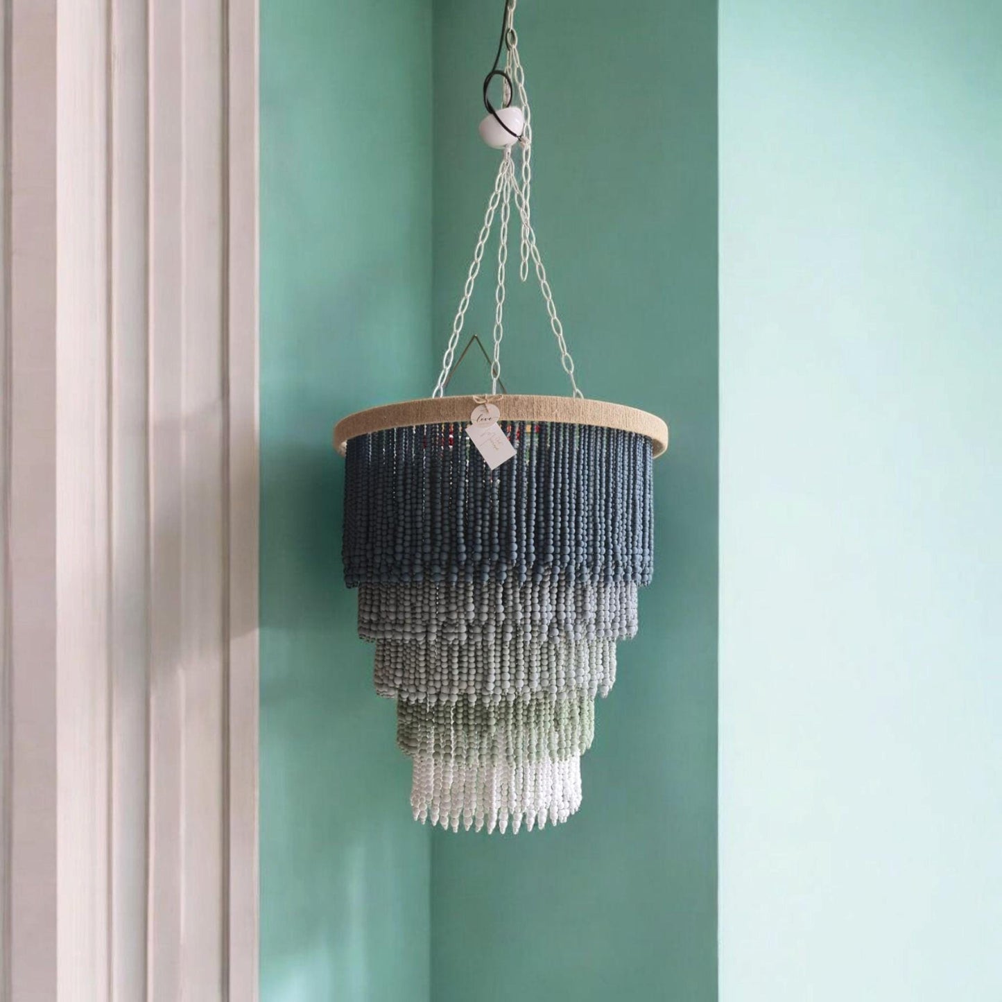 Blue Grey Ombre Beaded Chandelier – Handmade Boho Pendant Light for Nursery, Bedroom or Coastal Decor