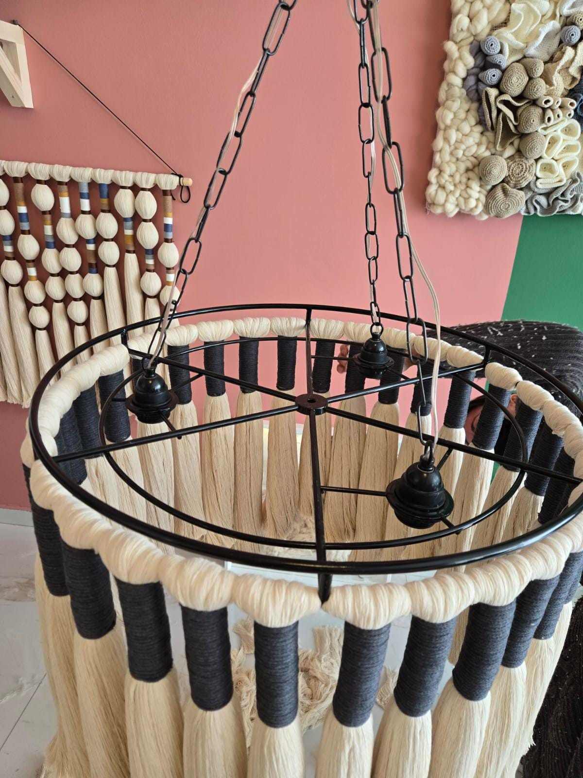 Macrame Chandelier, Boho Light Fixture, 50Cm Boho Ceiling Light, Natural Cotton Pendant Light, Rustic Boho Chandelier, Nursery Lampshade