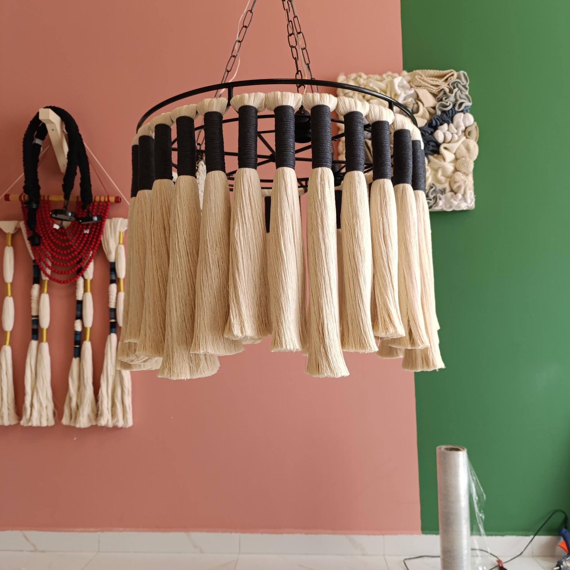 Macrame Chandelier, Boho Light Fixture, 50Cm Boho Ceiling Light, Natural Cotton Pendant Light, Rustic Boho Chandelier, Nursery Lampshade