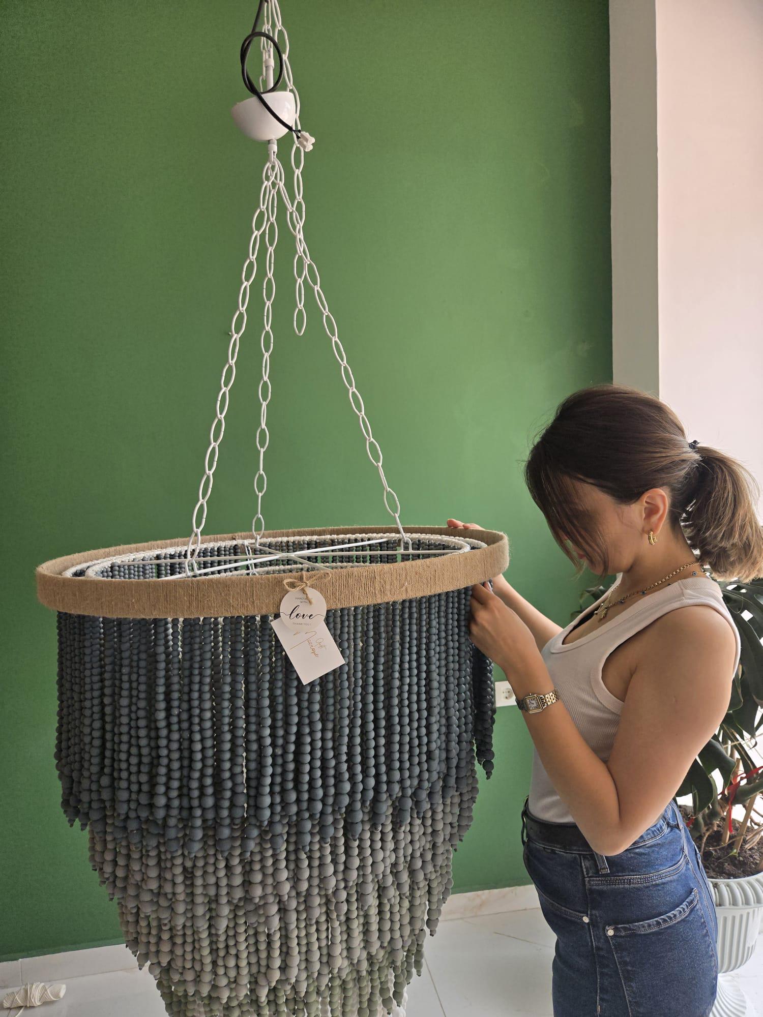 Blue Grey Ombre Beaded Chandelier – Handmade Boho Pendant Light for Nursery, Bedroom or Coastal Decor