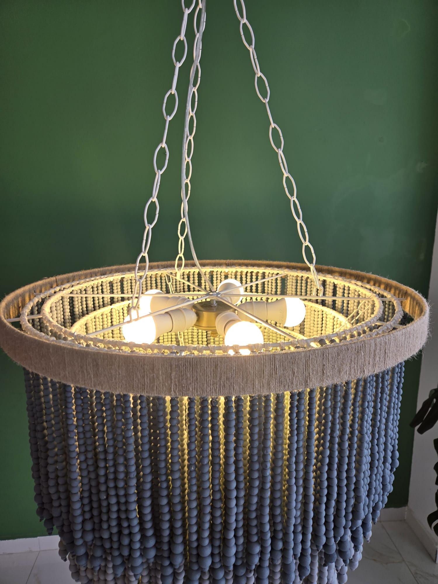 Blue Grey Ombre Beaded Chandelier – Handmade Boho Pendant Light for Nursery, Bedroom or Coastal Decor