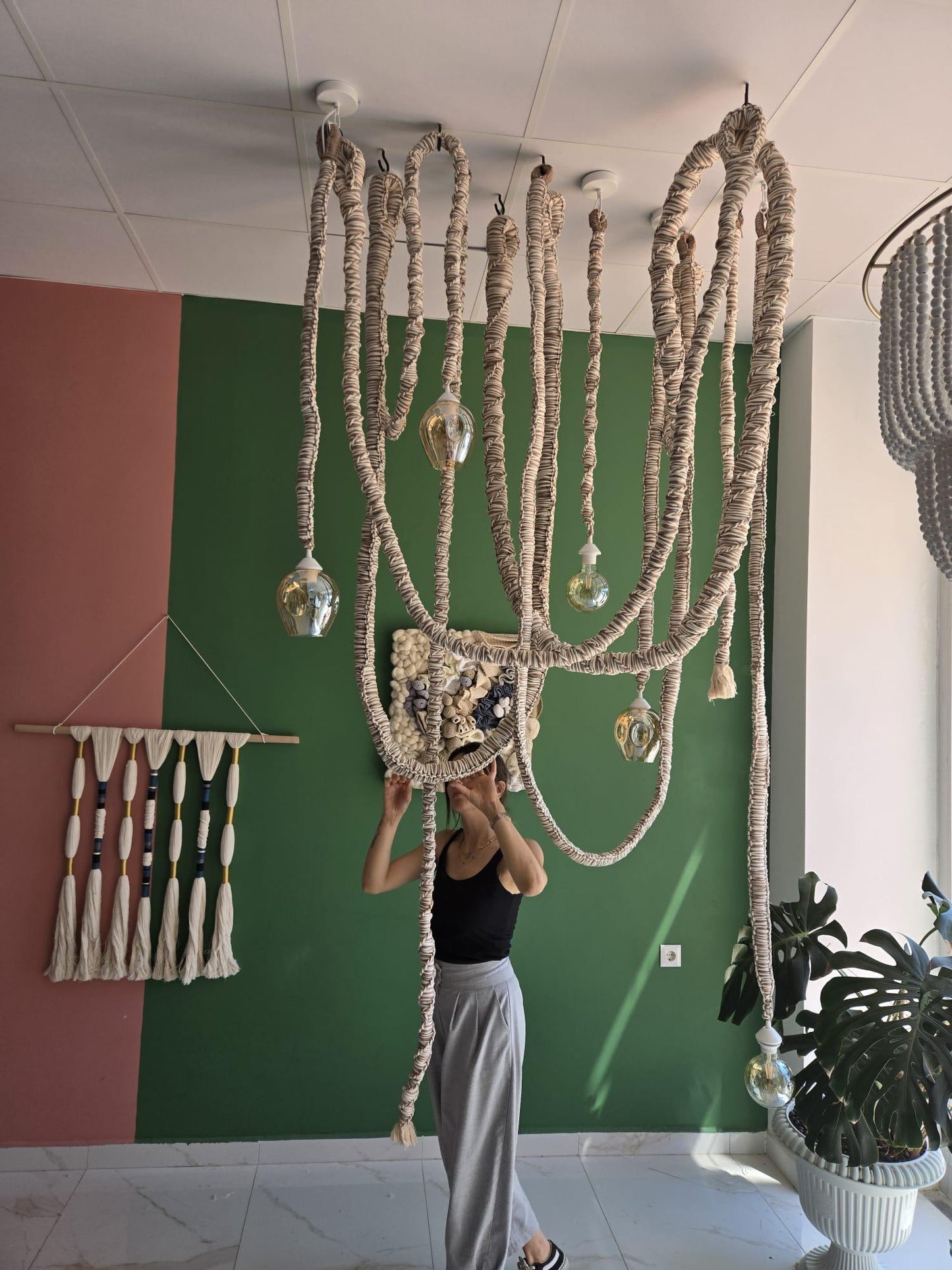 Macrame Chandelier with Glass Shades – 3 or 5 Pendant Light Options – Boho Cord Lamp – Handmade Ceiling Light Fixture,