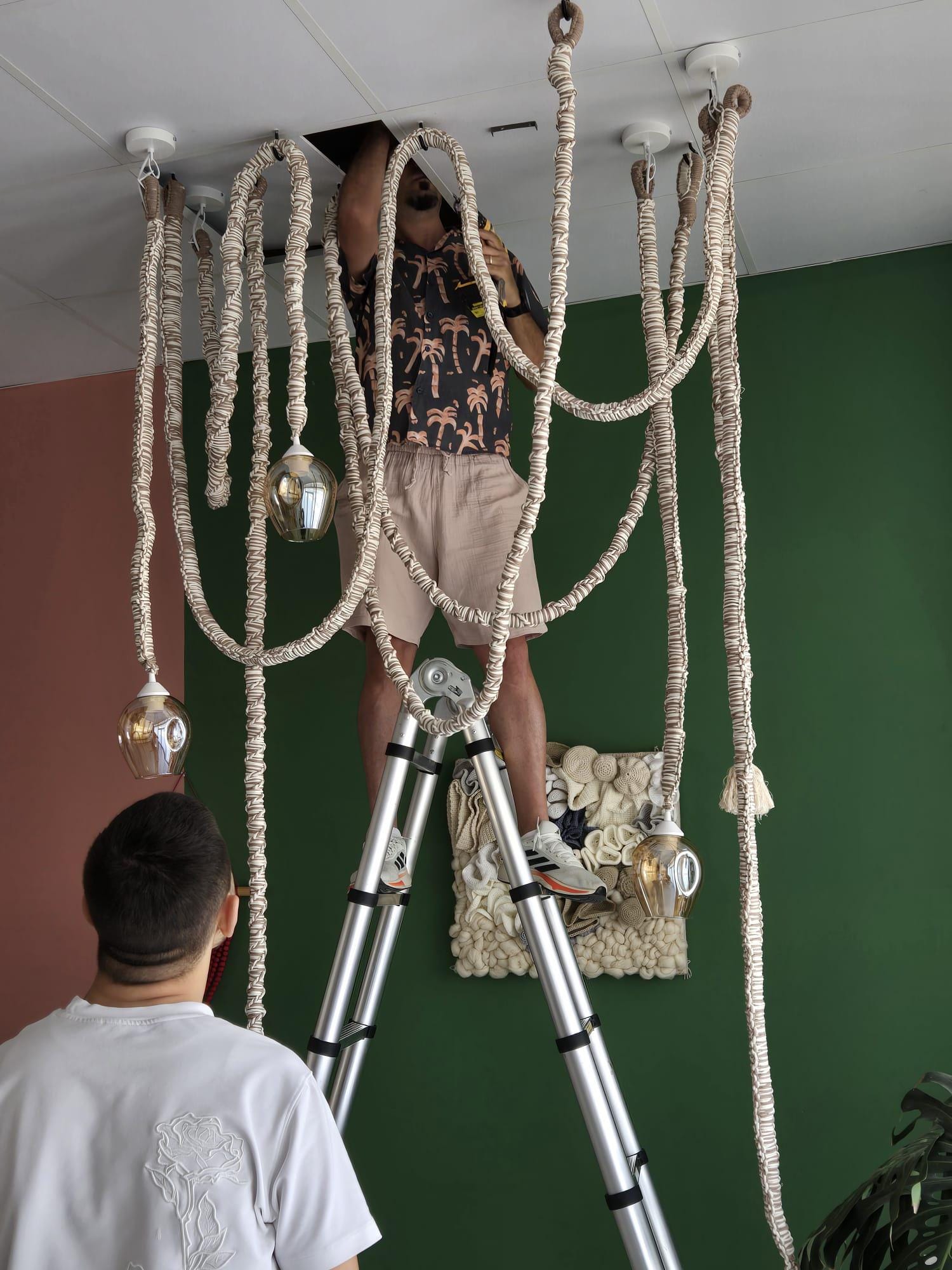 Macrame Chandelier with Glass Shades – 3 or 5 Pendant Light Options – Boho Cord Lamp – Handmade Ceiling Light Fixture,