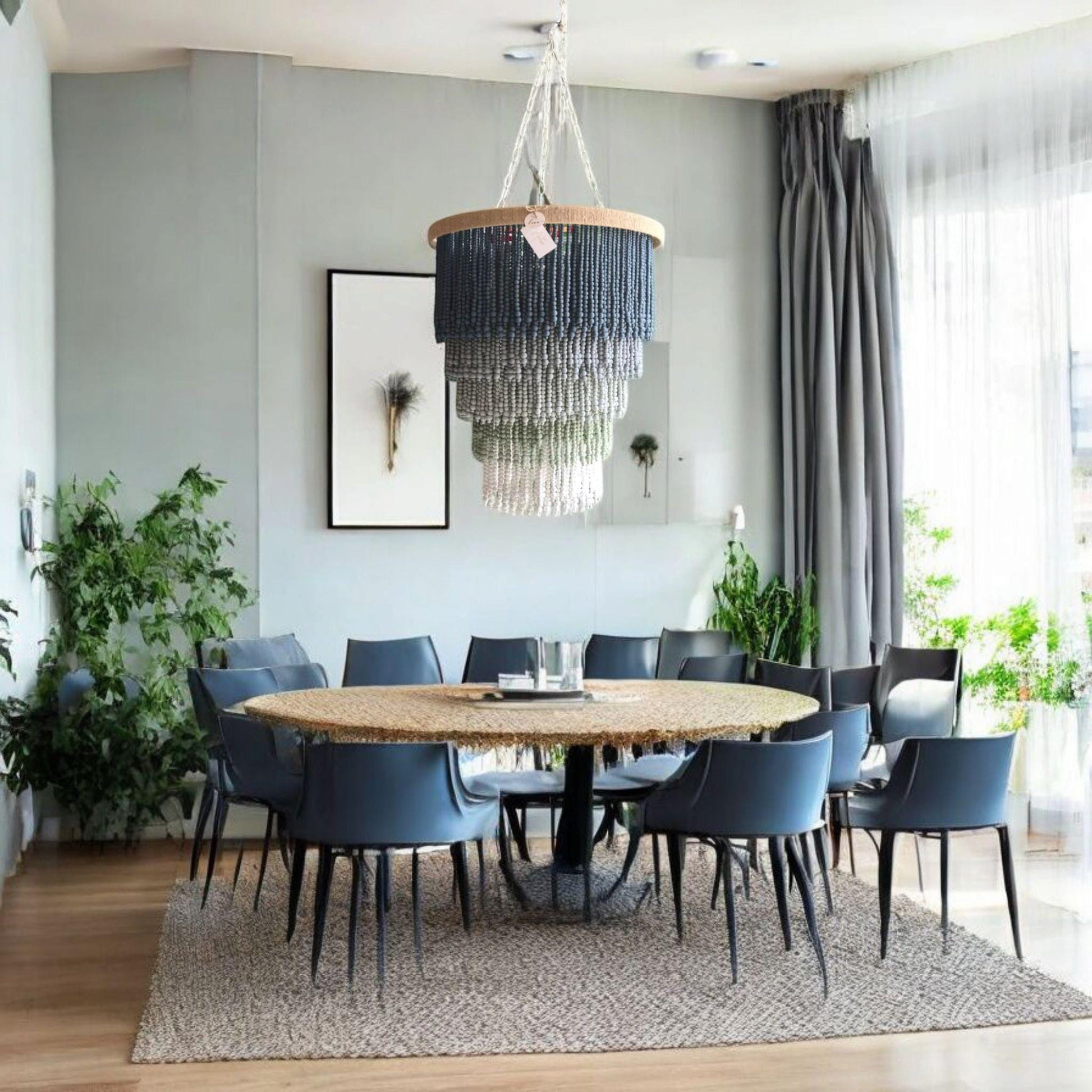 Blue Grey Ombre Beaded Chandelier – Handmade Boho Pendant Light for Nursery, Bedroom or Coastal Decor