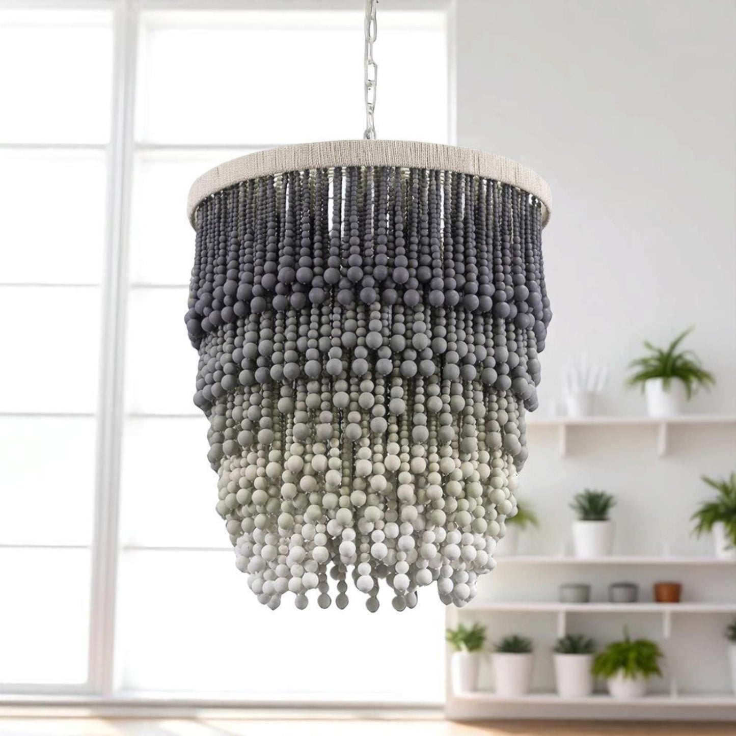 Blue Grey Ombre Beaded Chandelier – Handmade Boho Pendant Light for Nursery, Bedroom or Coastal Decor