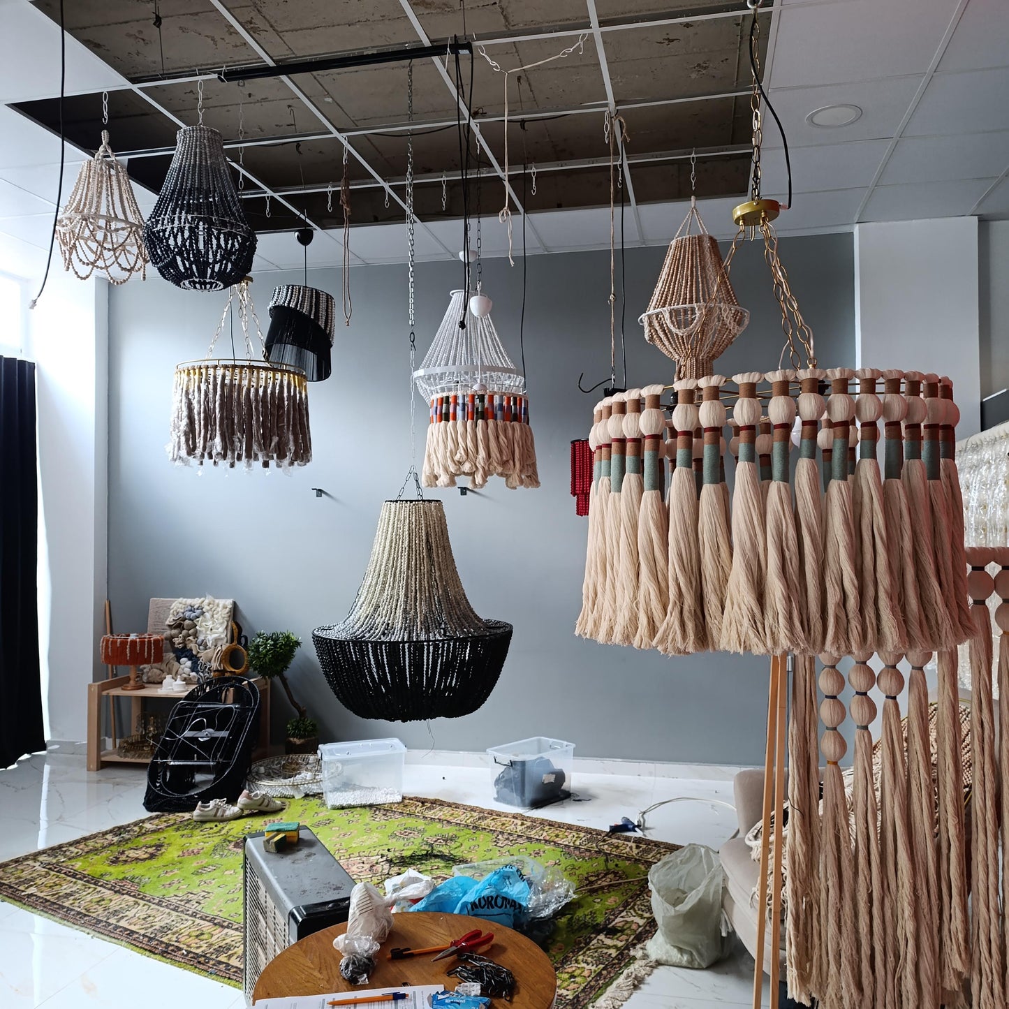 Tassel Chandelier, Macrame Pendant Light, Cotton Fringe Chandelier, Rustic Lampshade, Modern Boho Light, Living Room Light, Christmas gift,