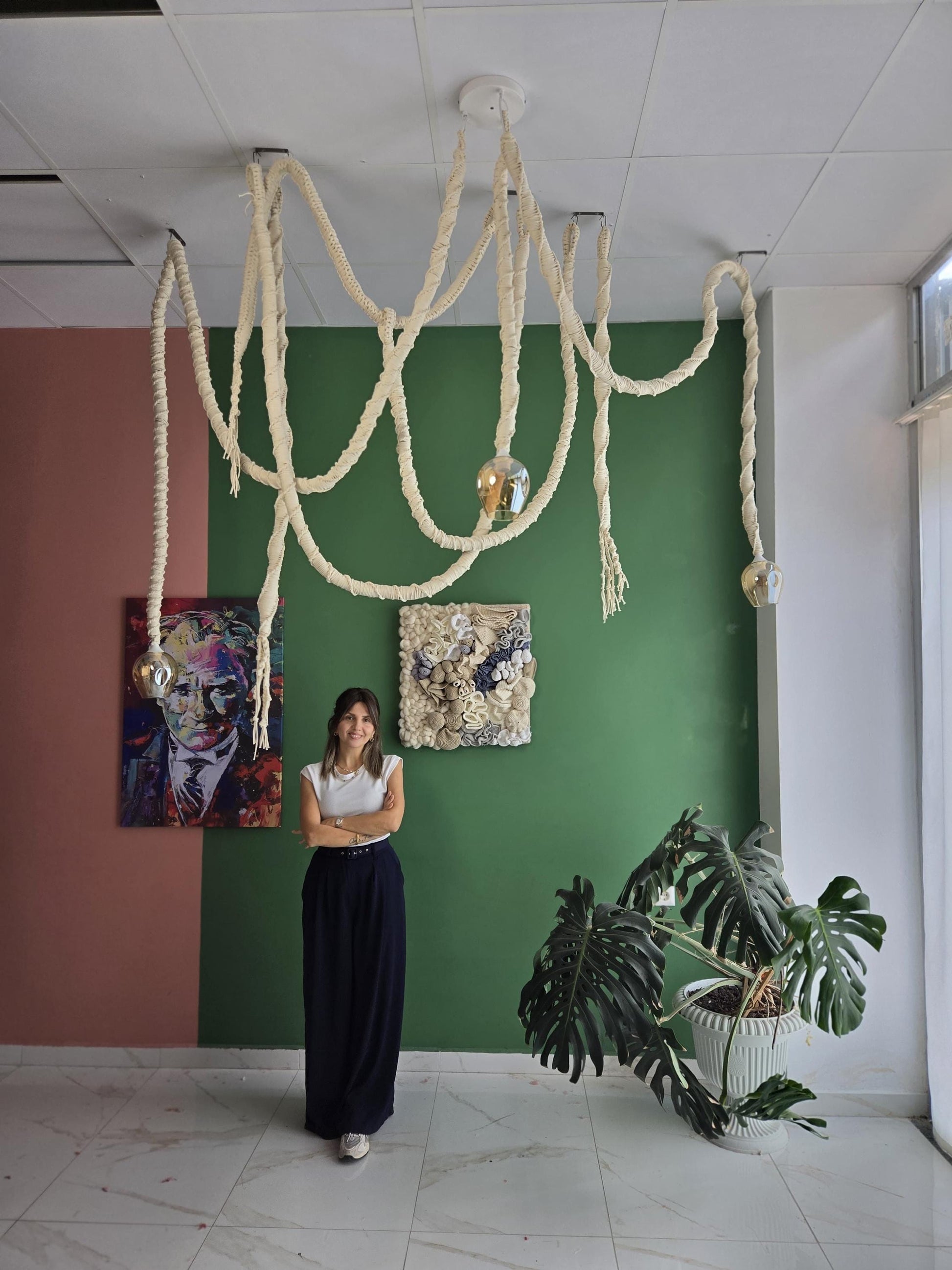 Macrame Chandelier with Glass Shades – 3 or 5 Pendant Light Options – Boho Cord Lamp – Handmade Ceiling Light Fixture,