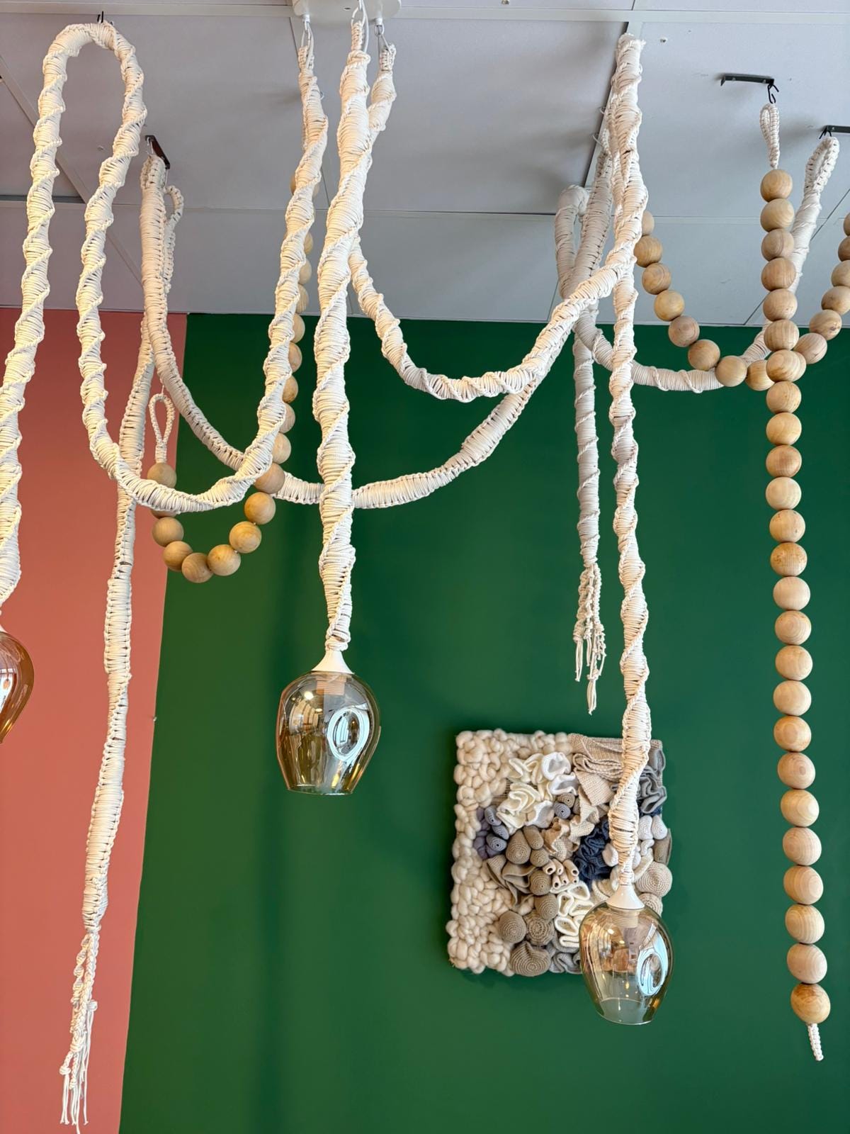 Macrame cord pendant light, Beaded