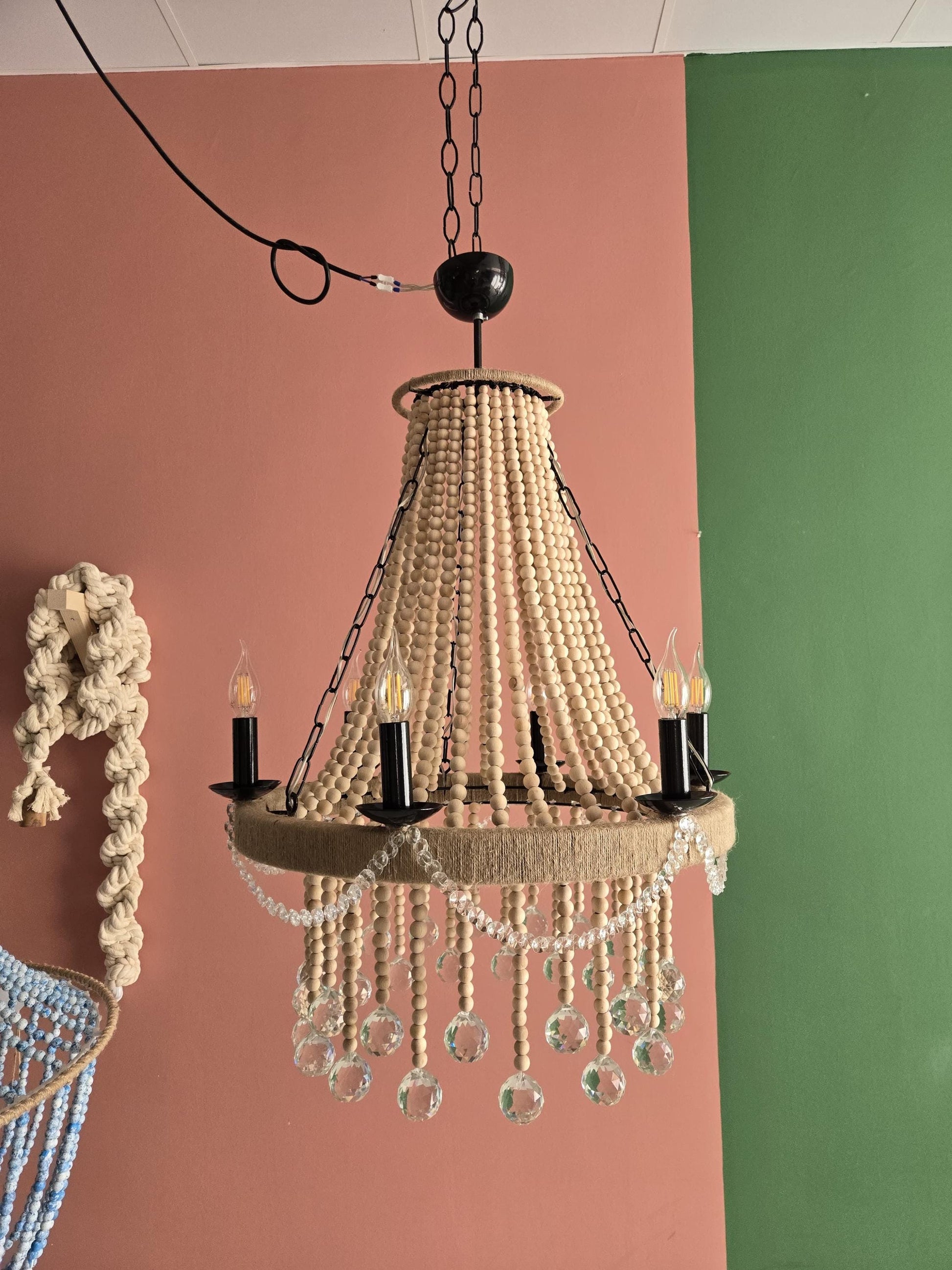 Crystals Beaded Chandelier, Rustic Farmhouse Pendant Light, Wood Bead Ceiling Lamp with Crystals, Dining Room Lighting
