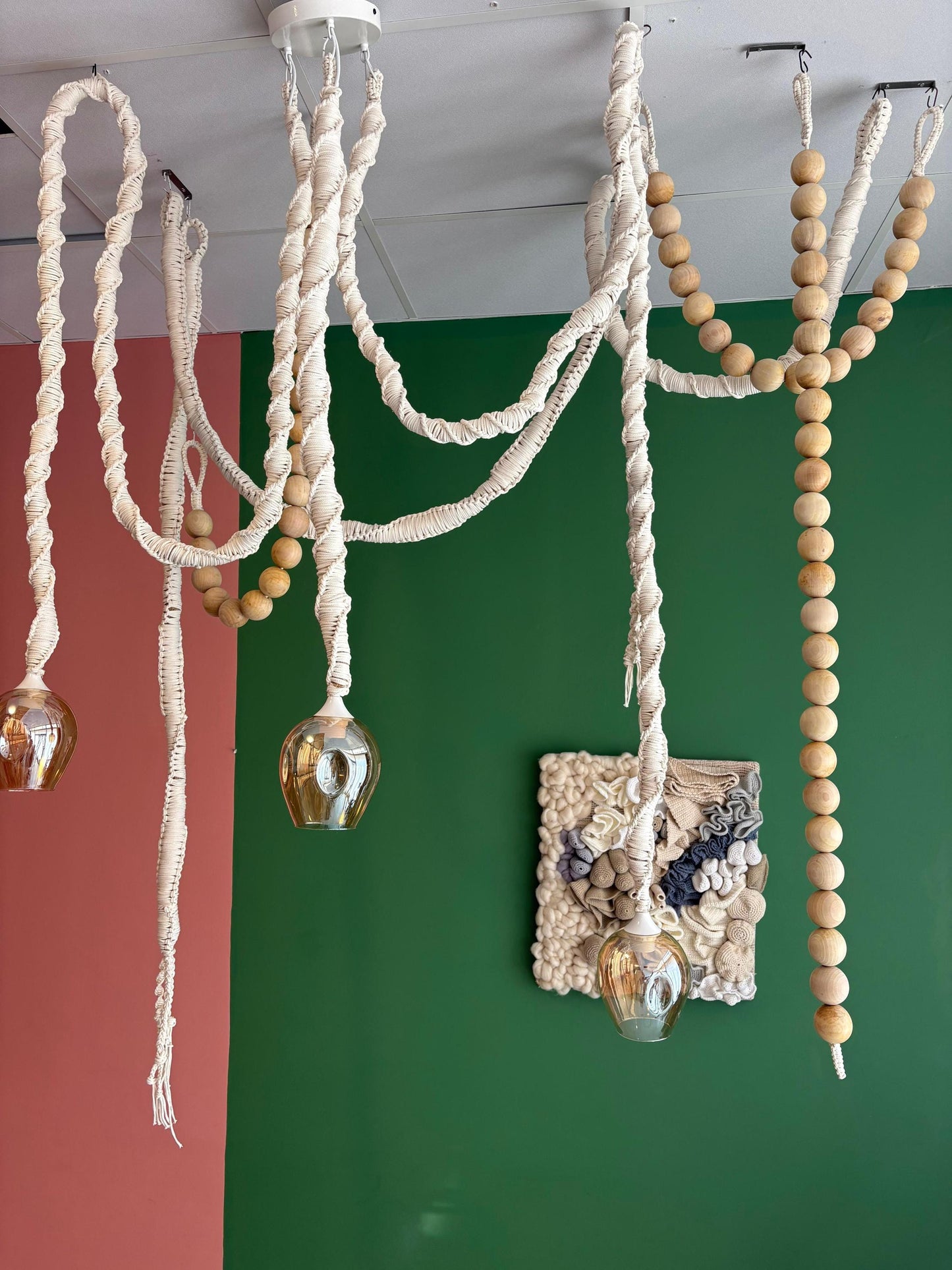 Macrame cord pendant light, Beaded