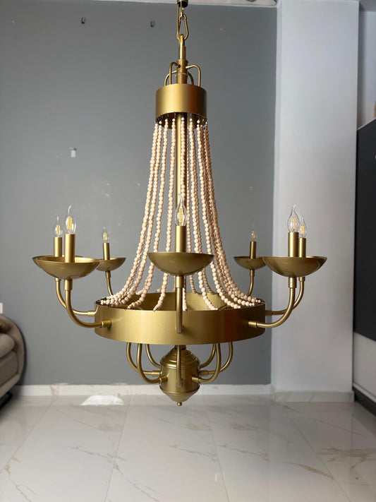 Gold beaded candle chandelier with natural wood beads and E14 candle bulbs”
Black metal candle chandelier with wood bead drapes”
White beaded chandelier for rustic modern dining room”
Handmade large candle chandelier holiday home lighting”