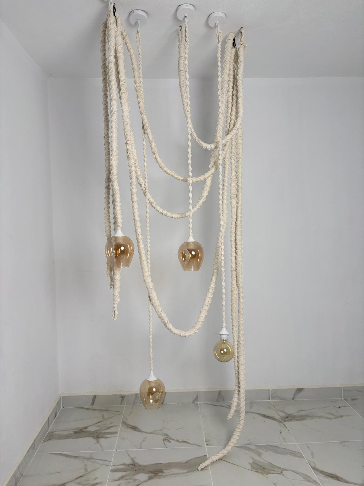 Macrame Rope Chandelier, Boho Rope Pendant Light, Custom Length Cords, Amber & Clear Glass Shades