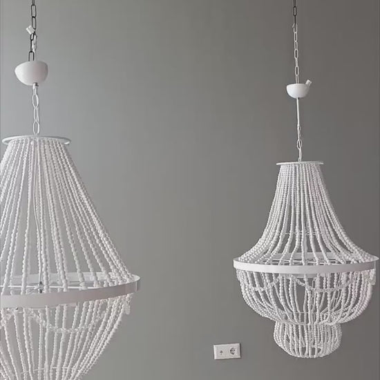 White Beaded Chandelier: Boho Pendant Light, Rustic Farmhouse Decor,