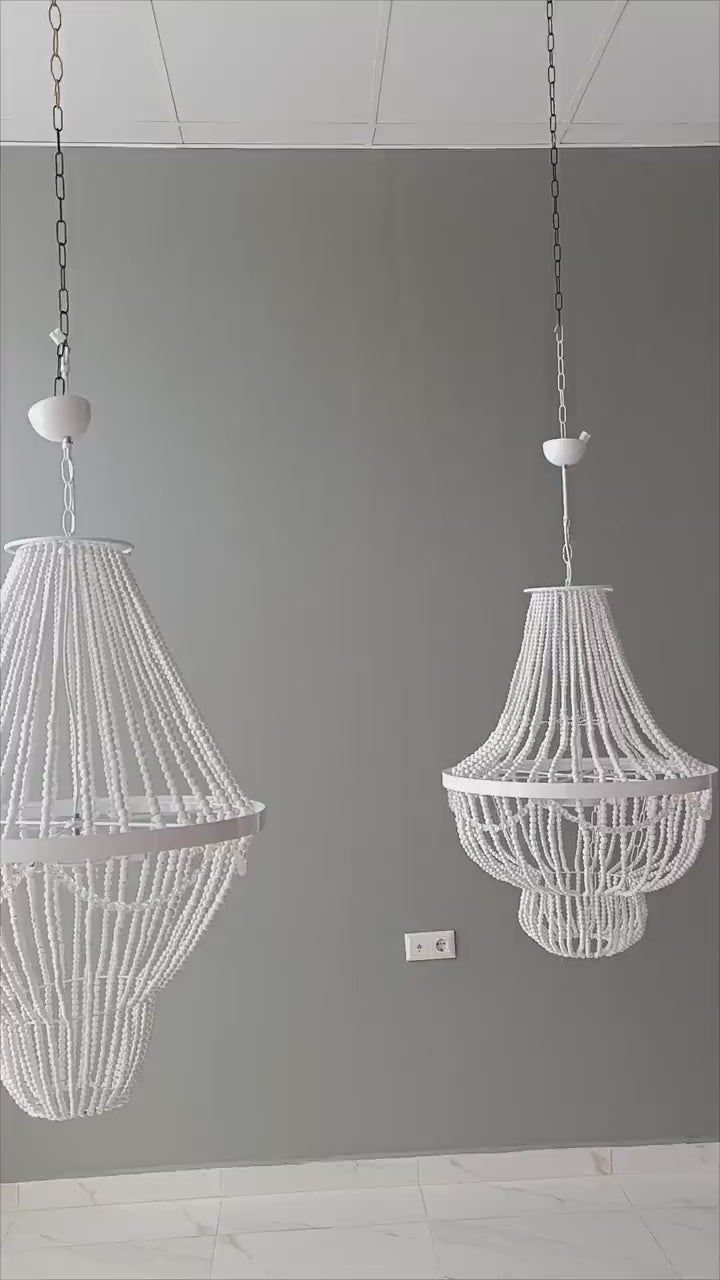White Beaded Chandelier: Boho Pendant Light, Rustic Farmhouse Decor,