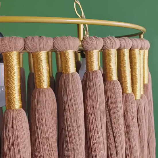 Boho Cotton Fringe Chandelier - Macrame Pendant Light, Nursery & Living Room Ceiling Lamp, Gold Accents