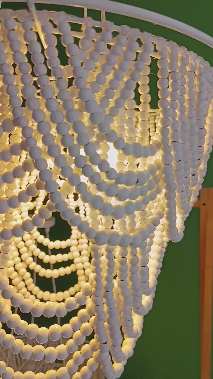 Wooden Beaded Chandelier - Rustic Boho Pendant Light Fixture - Farmhouse Ceiling Lamp for Bedroom, Nursery