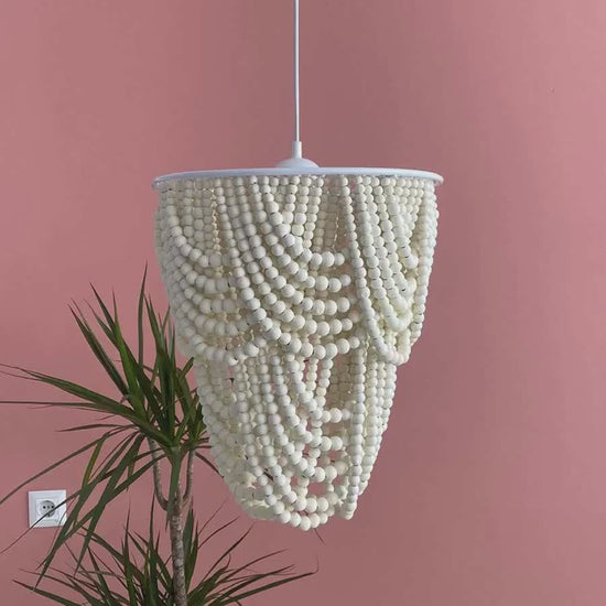 Pink Wood Bead Chandelier, Boho Pendant Light, Rustic Farmhouse, Nursery & Living Room Ceiling Lamp