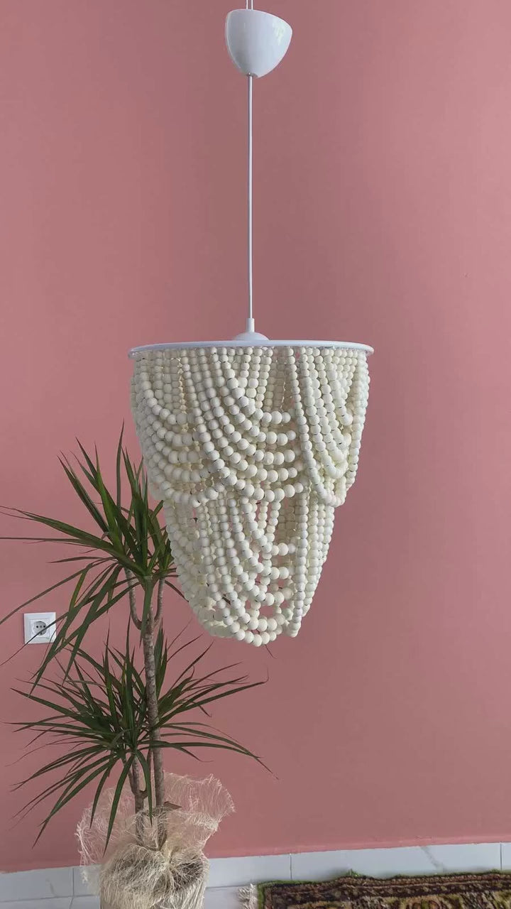 Pink Wood Bead Chandelier, Boho Pendant Light, Rustic Farmhouse, Nursery & Living Room Ceiling Lamp